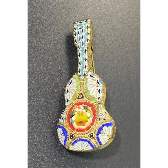 Vintage Micro Mosaic Guitar Brooch Pin Italy Gold Tone Instrument - Picture 2 of 7